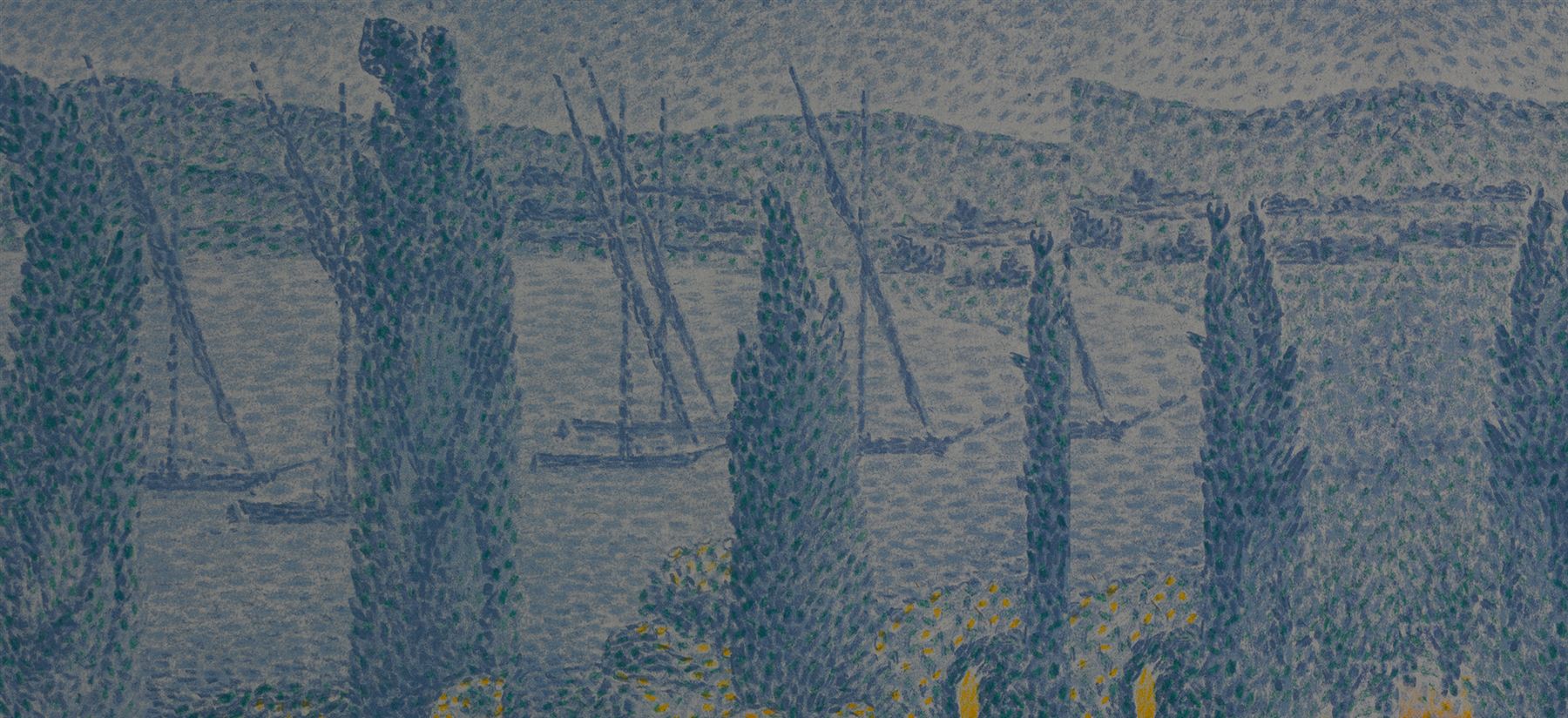A pointillist-style painting of cypress trees and sailboats along a coastline, in blue and green tones.